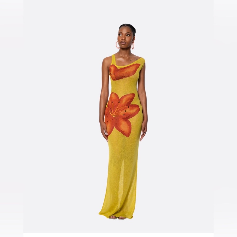 Hanifa “Flora” Sheer Maxi Dress with Orange Floral Design